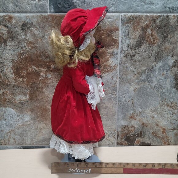 Vintage Porcelain Doll Velvet Red Dress White Lace Muff Hand Warmer - Picture 6 of 14